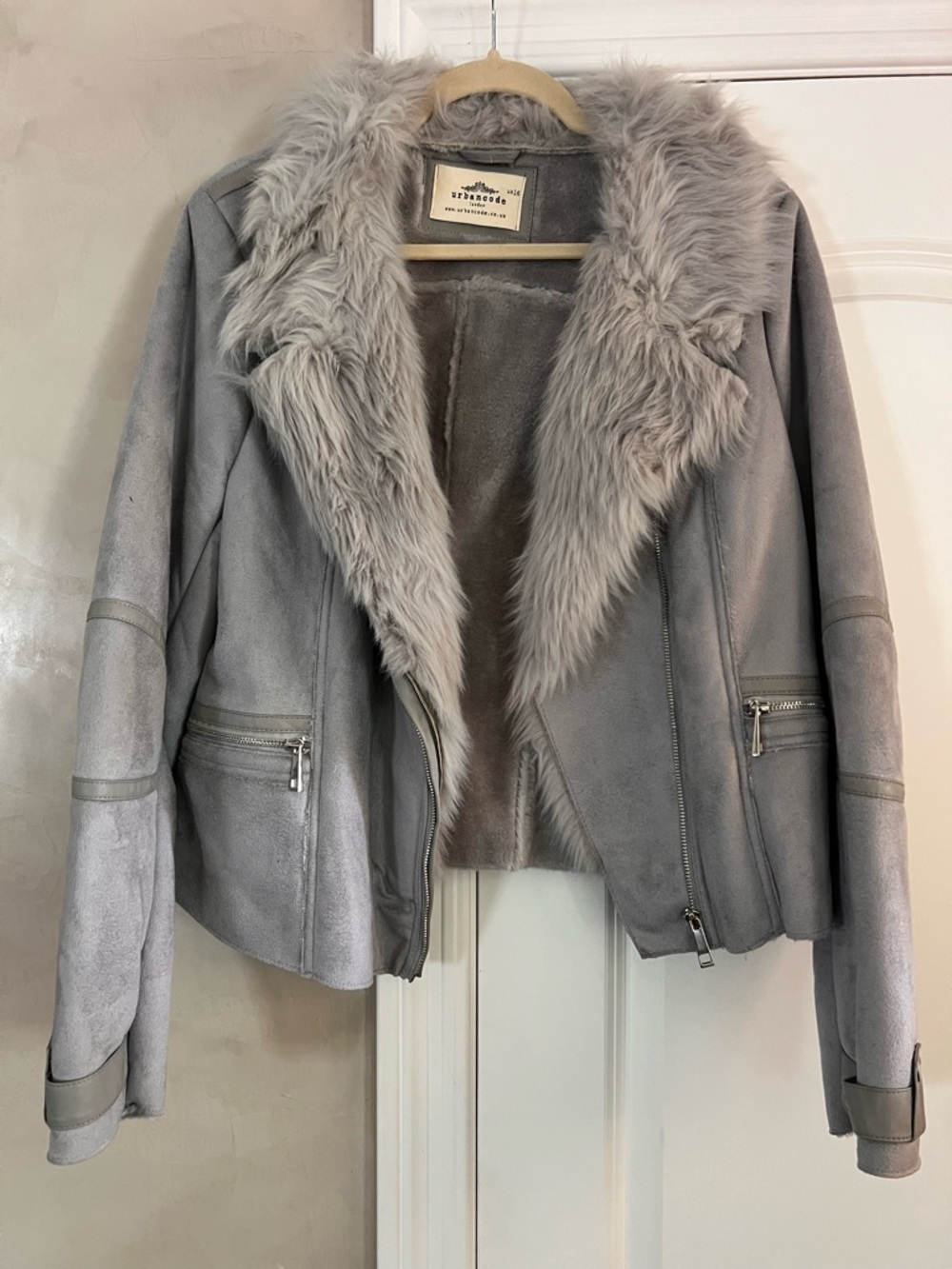 Urban Outfitters Light Gray Faux-Suede Jacket with Faux-Fur Collar
